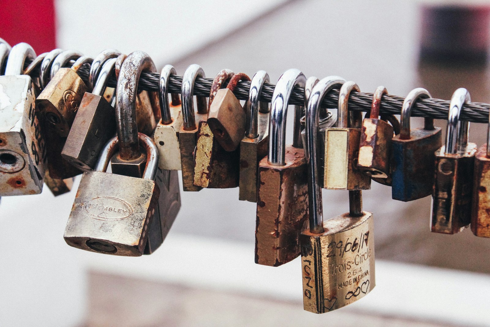 Padlocks on a steel cable